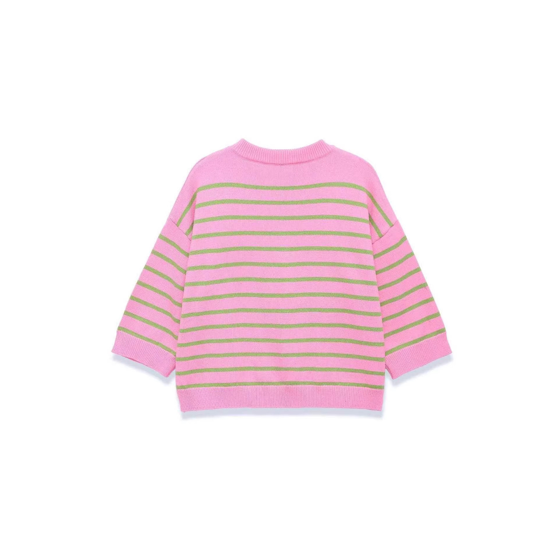 Women's Striped Knit Top Crew Neck 3/4 Sleeve Minimalist