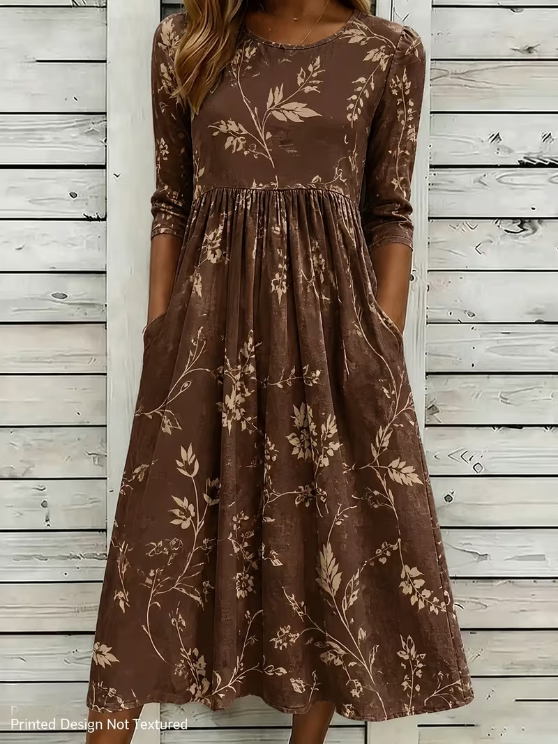 Women's Vintage Floral Print Pleated Midi Dress