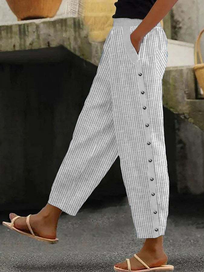 Striped Print Button Elastic Waist Cropped Pants with Pockets