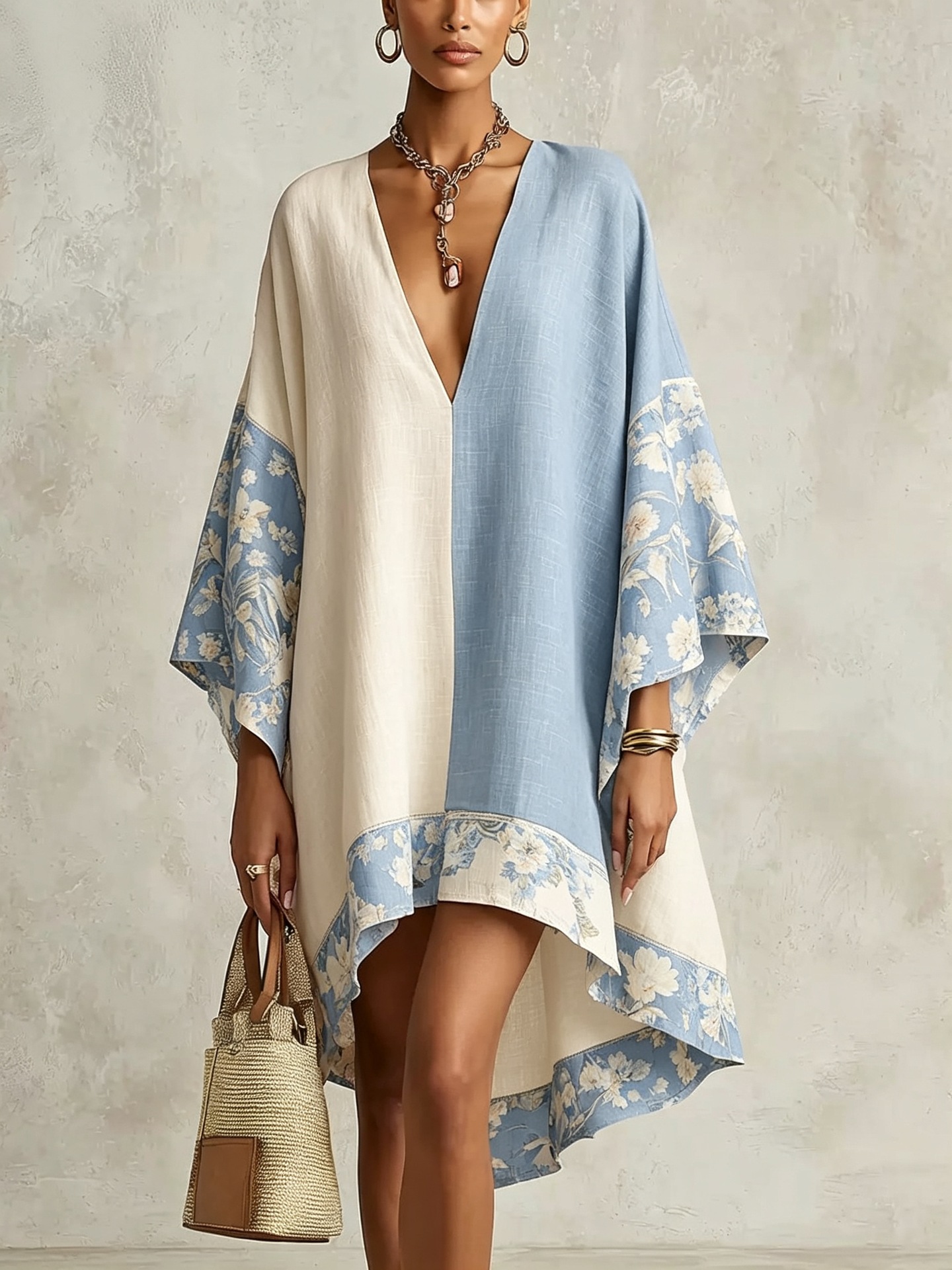Color-Block V-Neck Loose Floral Print Bell Sleeve Irregular Vacation Dress