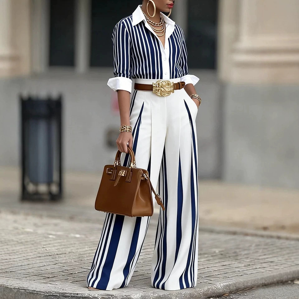 Women's Striped Straight-Leg Pants Set Casual Commuter Two-Piece