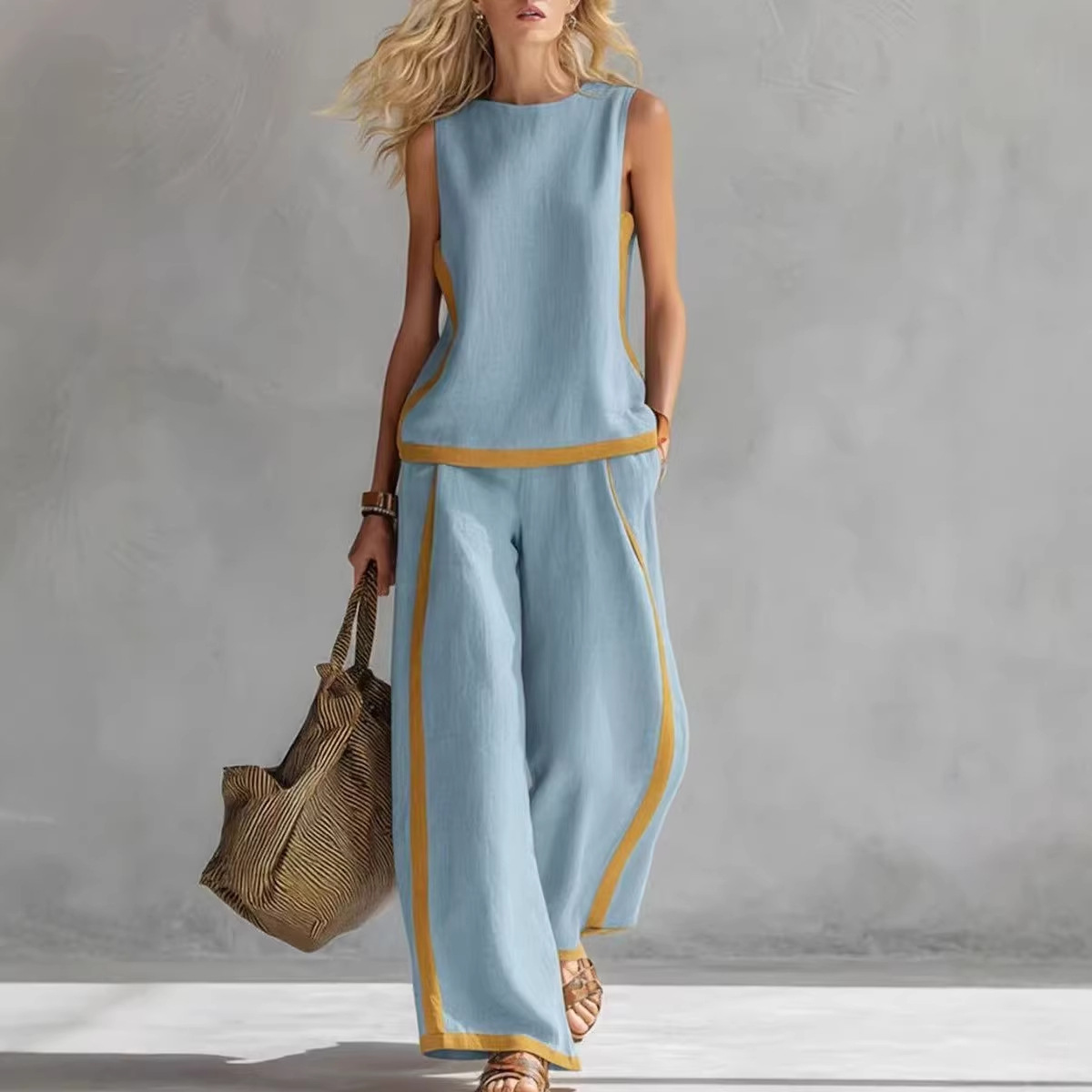 Women's Sleeveless Colorblock Wide-Leg Two-Piece Set