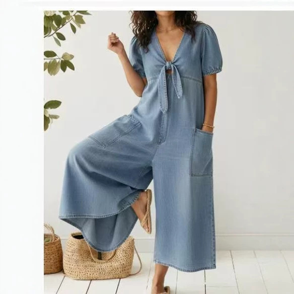 Women's Casual Loose Short Sleeve V-Neck Washed Denim Jumpsuit with Pockets