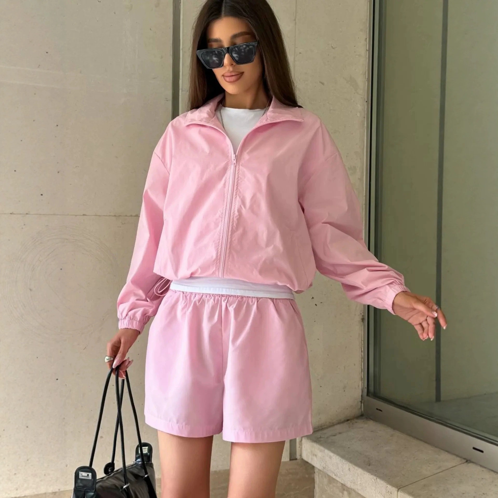 Women's Lightweight Stand Collar Zip Cardigan & Wide-Leg Shorts Set