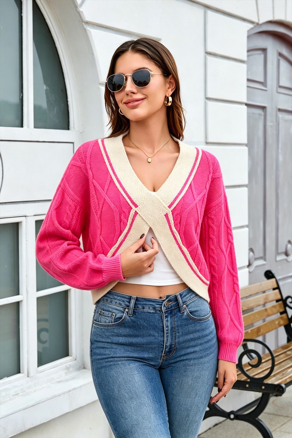 Women's Cropped Knit Sweater Colorblock V-Neck Pullover
