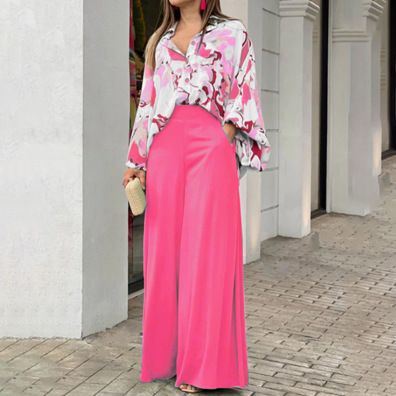 Women's Printed Shirt & Wide-Leg Pants Casual Set