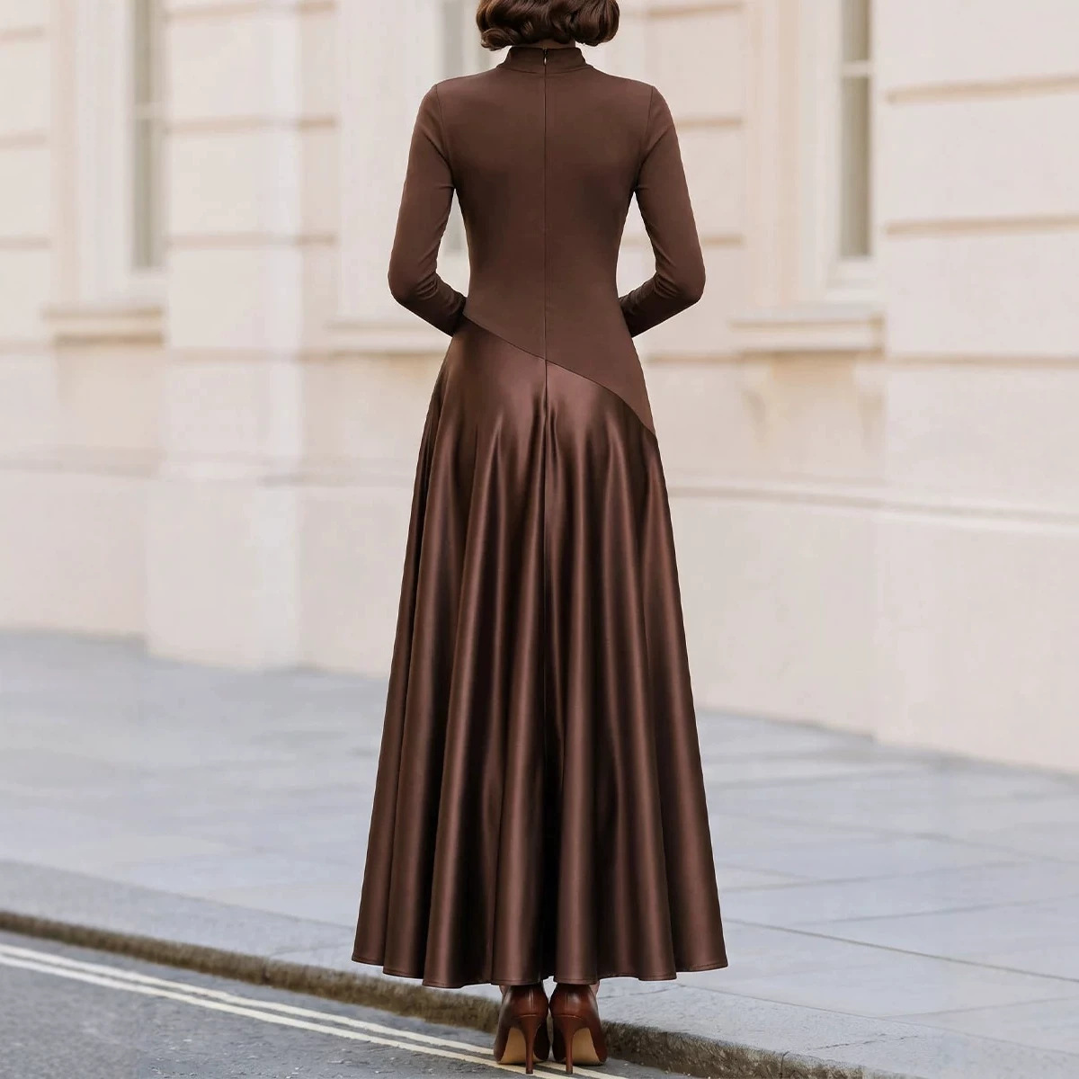 Brown Satin Paneled Long Sleeve Mock Neck High Waist Maxi Dress