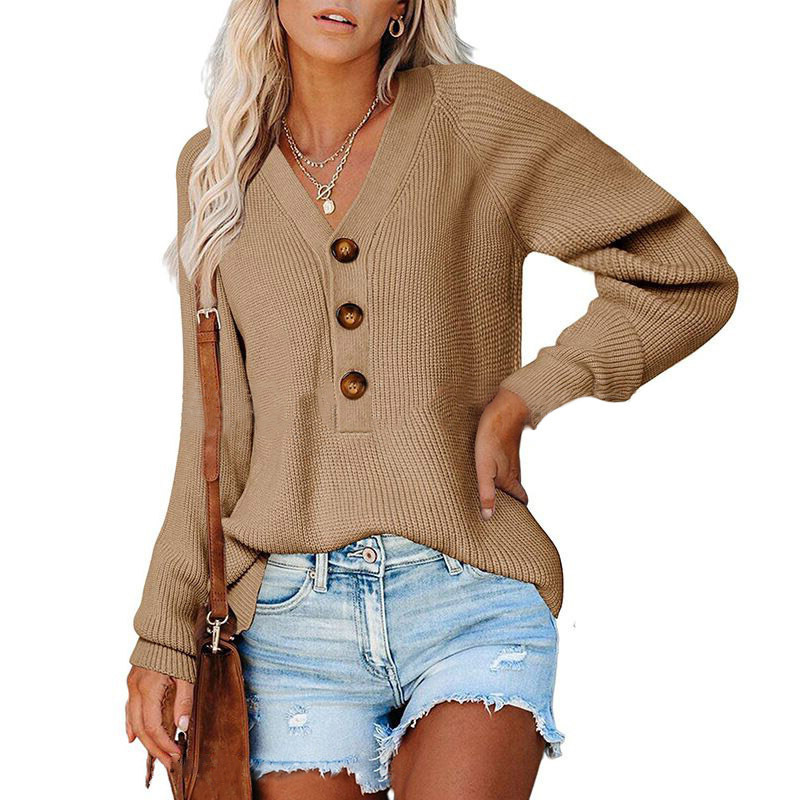 Button-Front V-Neck Knit Sweater for Women, Cotton Blend, Loose Fit, Long Sleeve