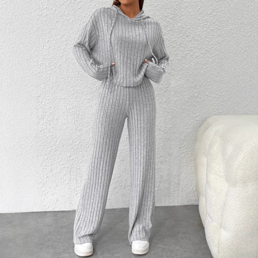 Women's Casual Knit Hoodie and Straight-Leg Pants Two-Piece Set