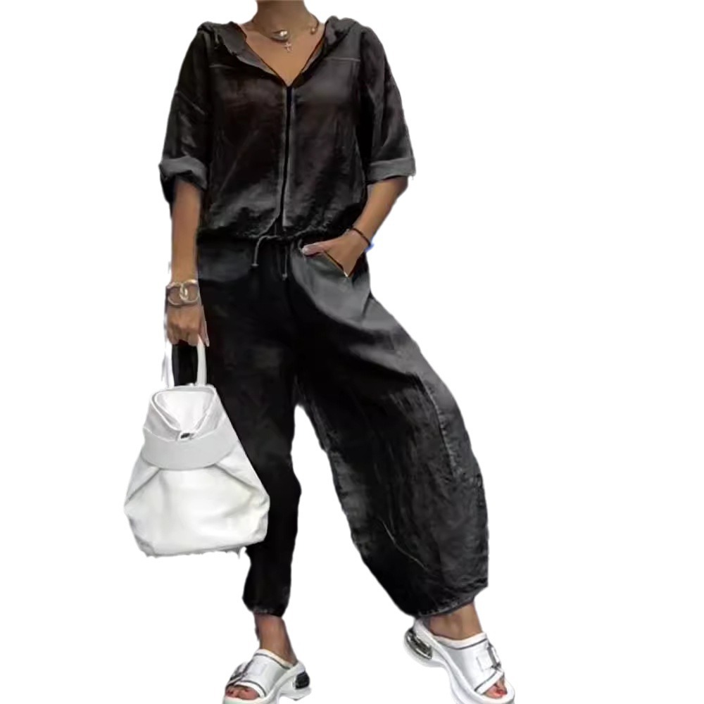 Women's Zip-Up Hooded Cotton-Linen Long Sleeve Top and Pants Set