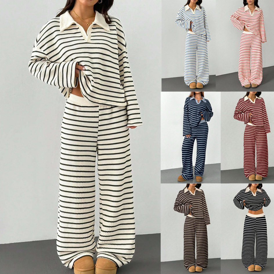Striped Knit Color-Block Collared V-Neck Long-Sleeve Top & Pants Set
