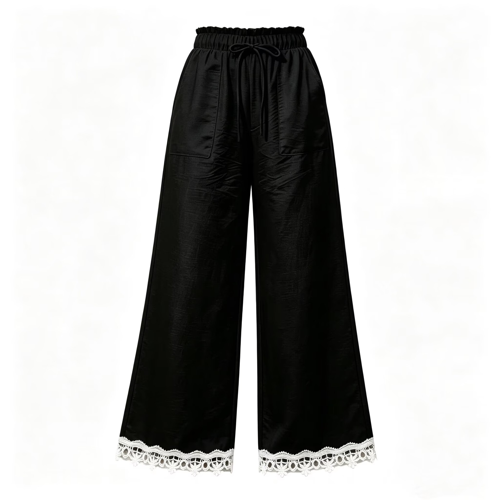 Women's Lace Trim Wide Leg Pants Casual Loose Straight Trousers