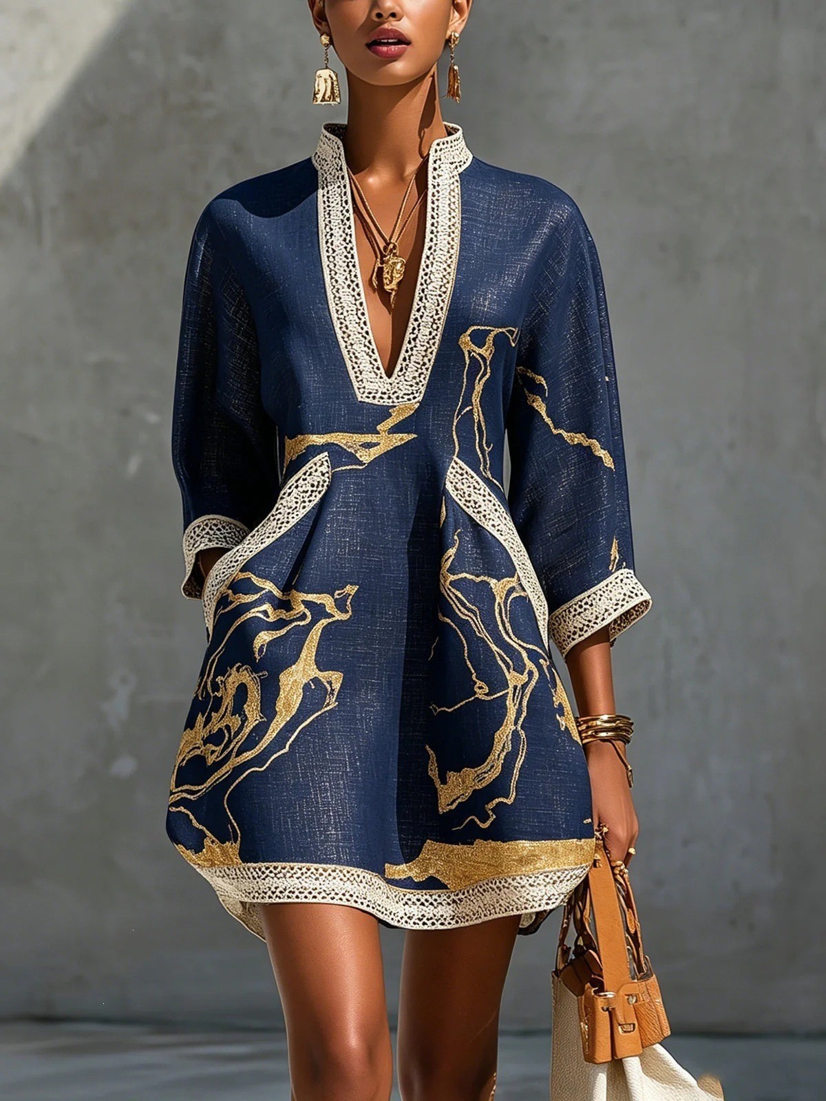 Gold Abstract Print V-Neck Lace Trim 3/4 Sleeve Loose Cotton-Blend Short Dress
