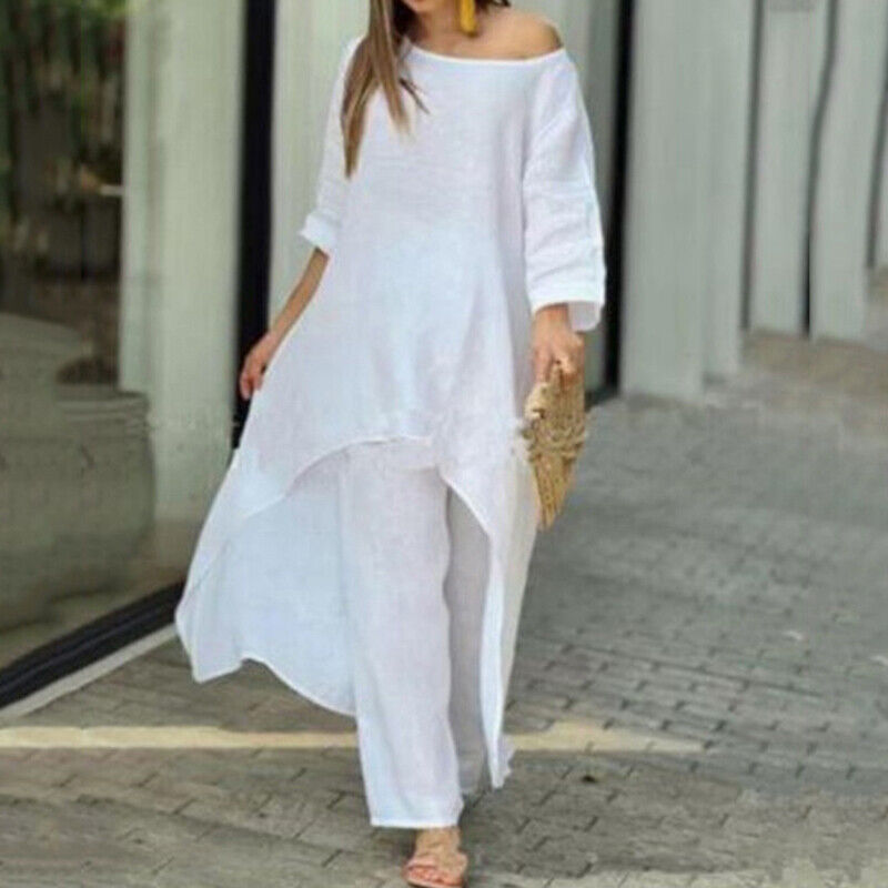 Women's Cotton-Linen Asymmetric Long-Sleeve Wide-Leg Two-Piece Set