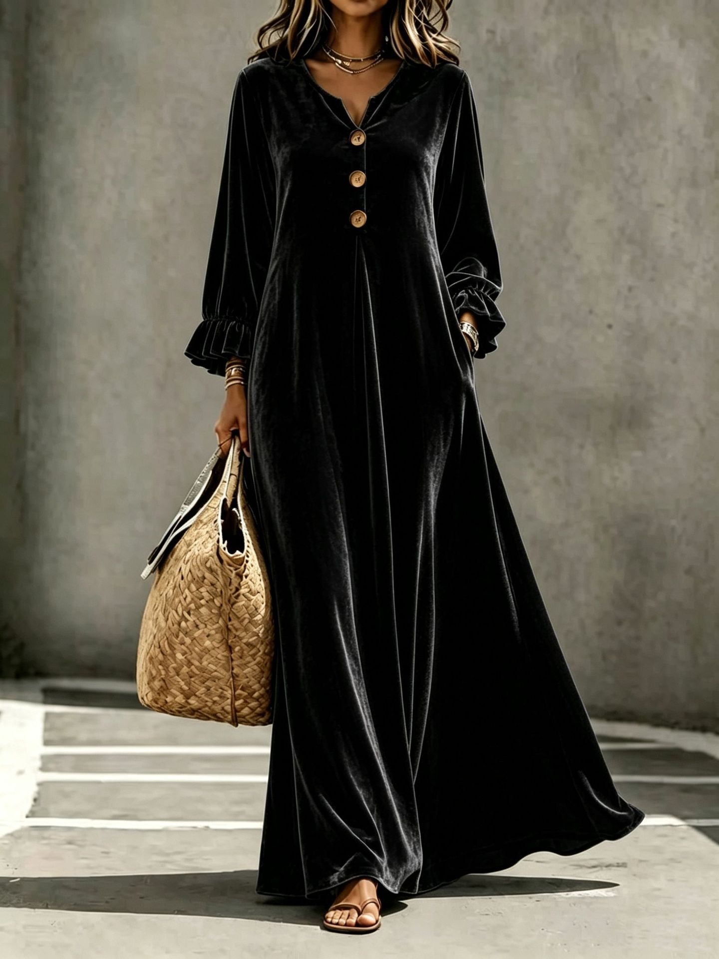 Velvet V-Neck Ruffle-Sleeve Long A-Line Dress