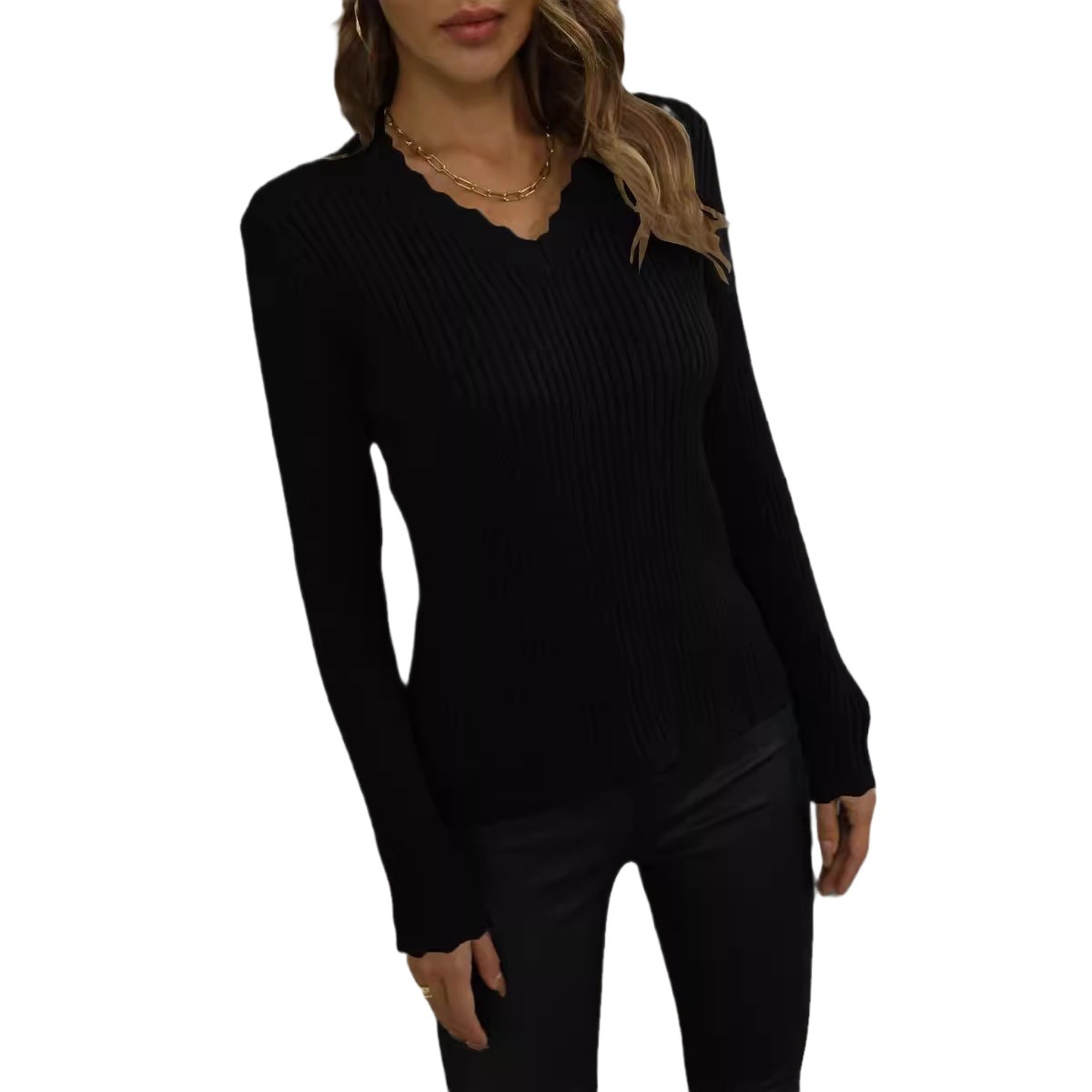 Women's Ribbed Knit Slim Fit V-Neck Pullover Sweater