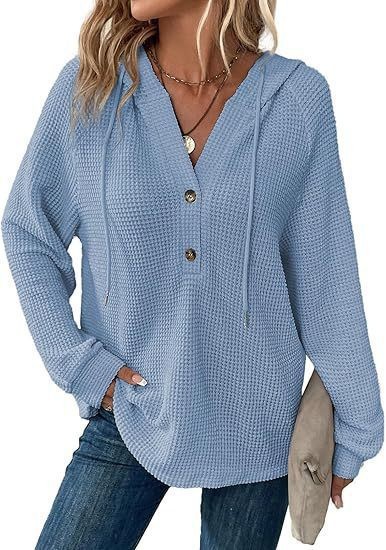 Women's Waffle Knit Drawstring Button V-Neck Hooded Sweatshirt