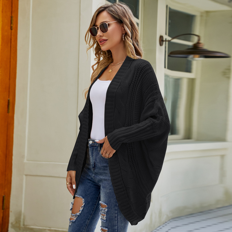 Women's Cable Knit Batwing Sleeve Cardigan Irregular Solid Color Shawl