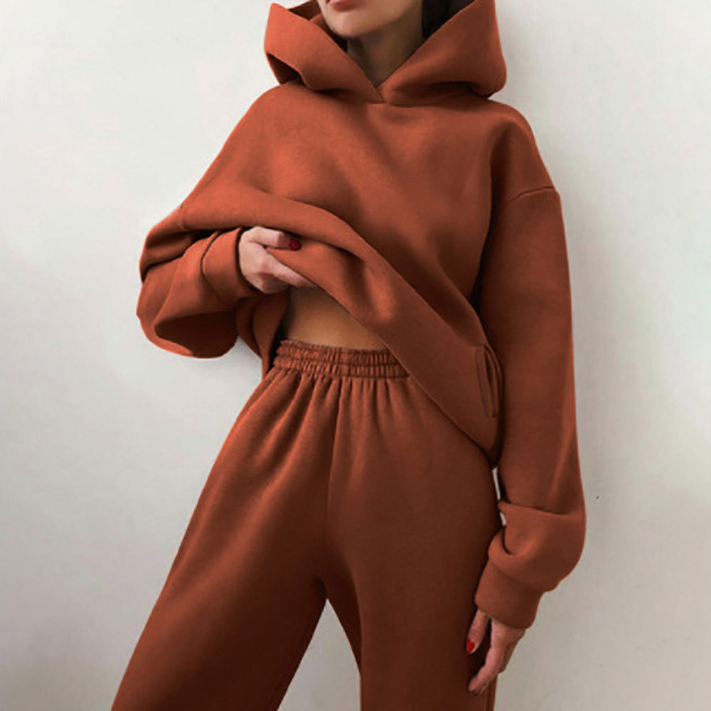Women's Solid Color Hooded Sweatshirt and Pants Two-Piece Casual Set