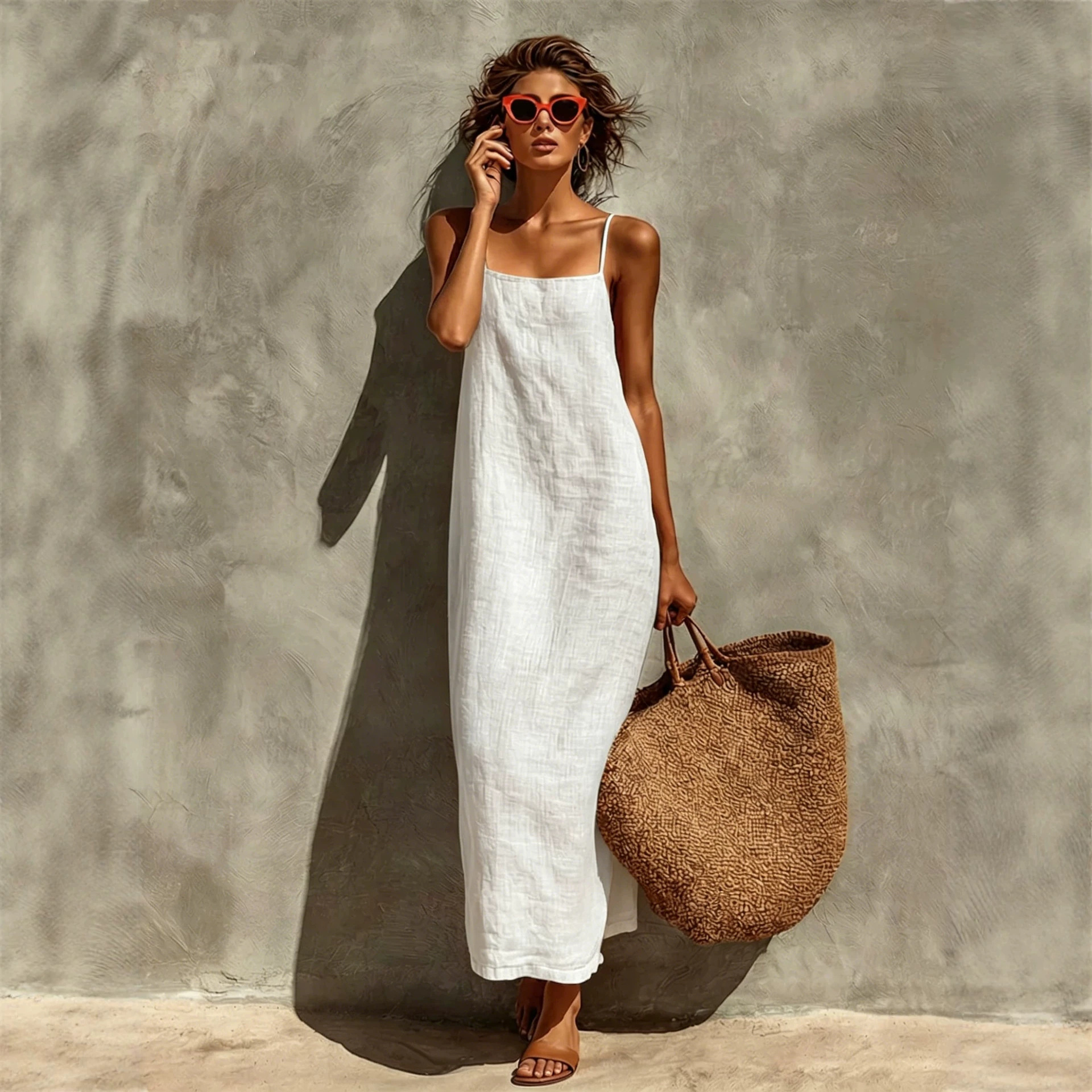 Women's Solid Color Cotton Linen Sleeveless Long Cami Dress