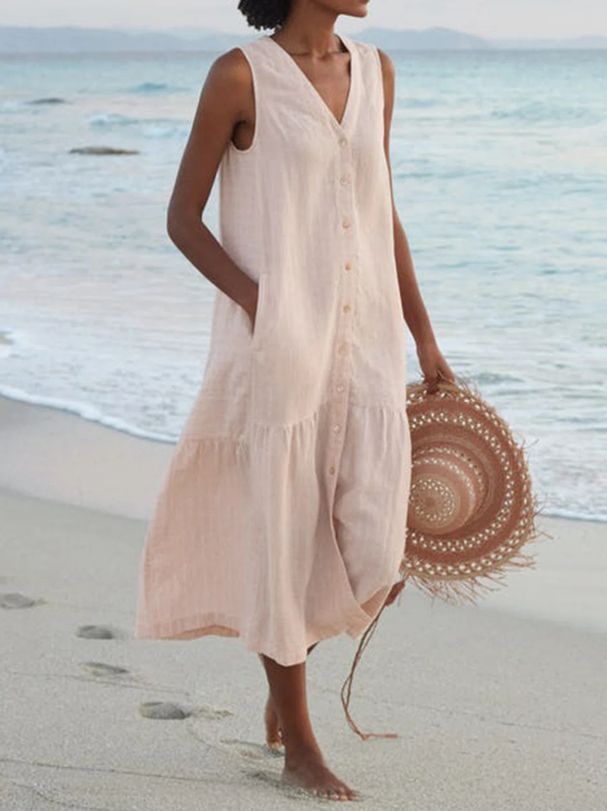 Solid Cotton V-Neck Sleeveless Maxi Dress with Loose Waist
