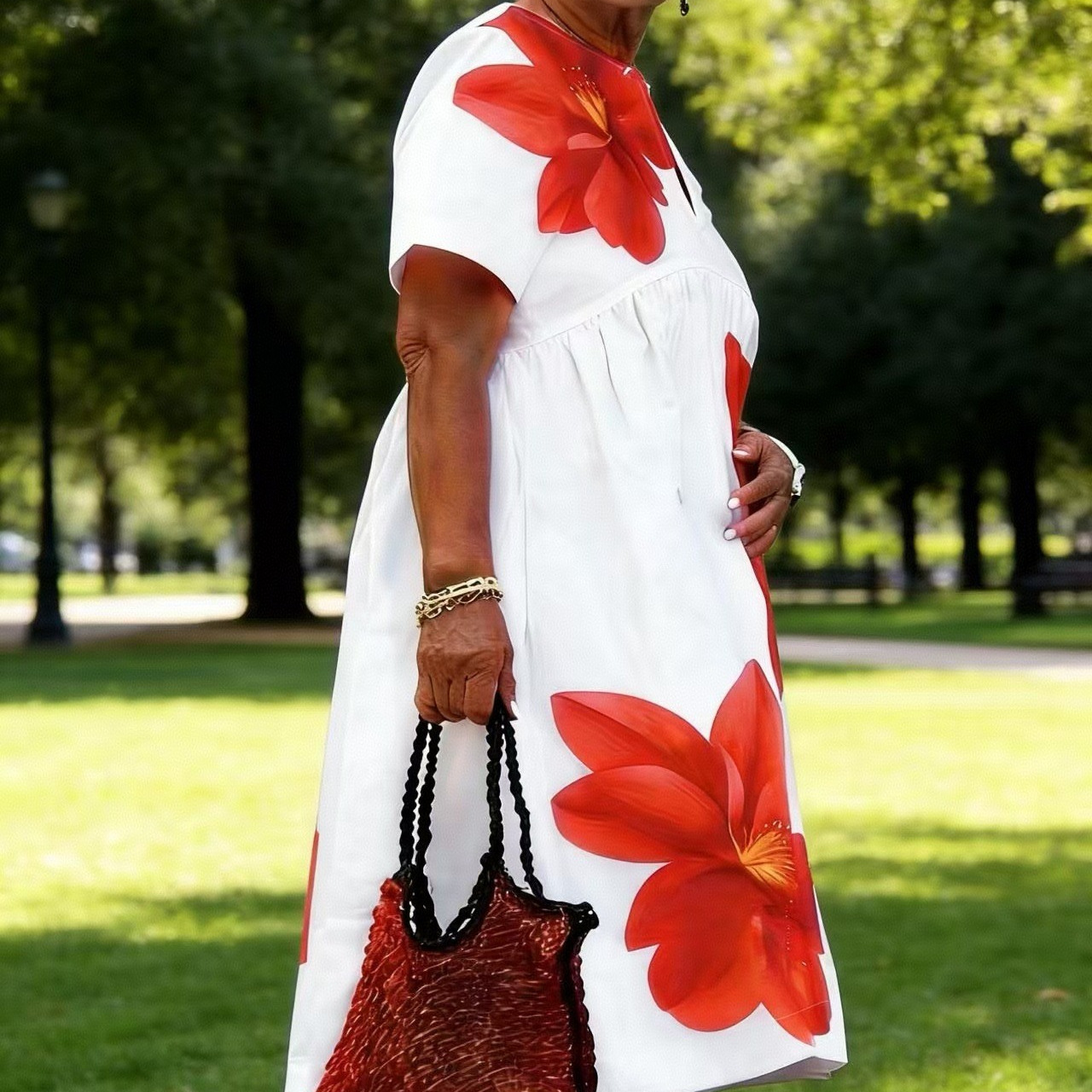 Artistic Floral Print Midi Dress Short Sleeve V-Neck A-Line
