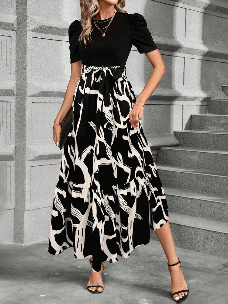 Floral Print High Waist Chiffon Midi Dress