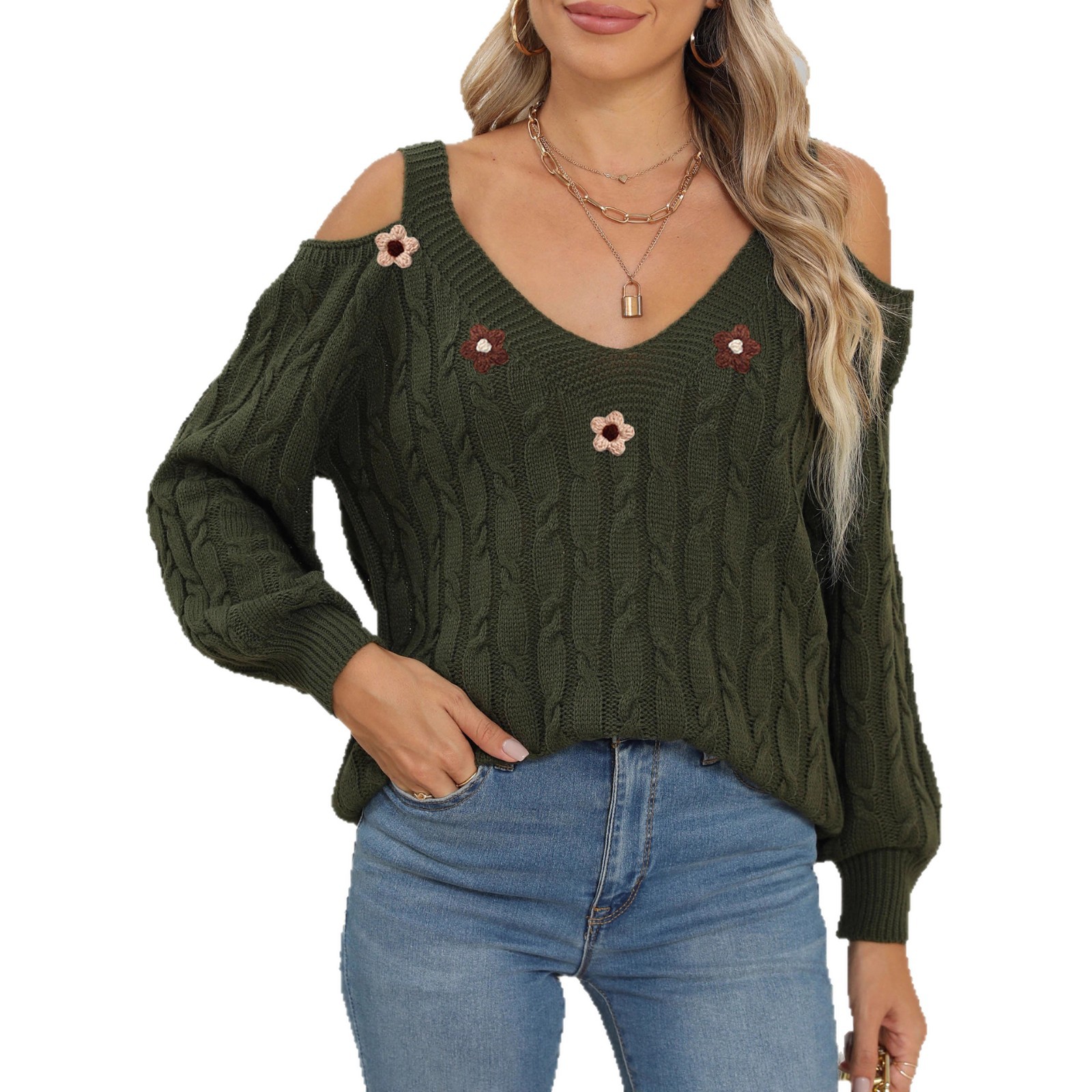 Women's Cold-Shoulder Cable-Knit Pullover Sweater with Crochet Floral Detail