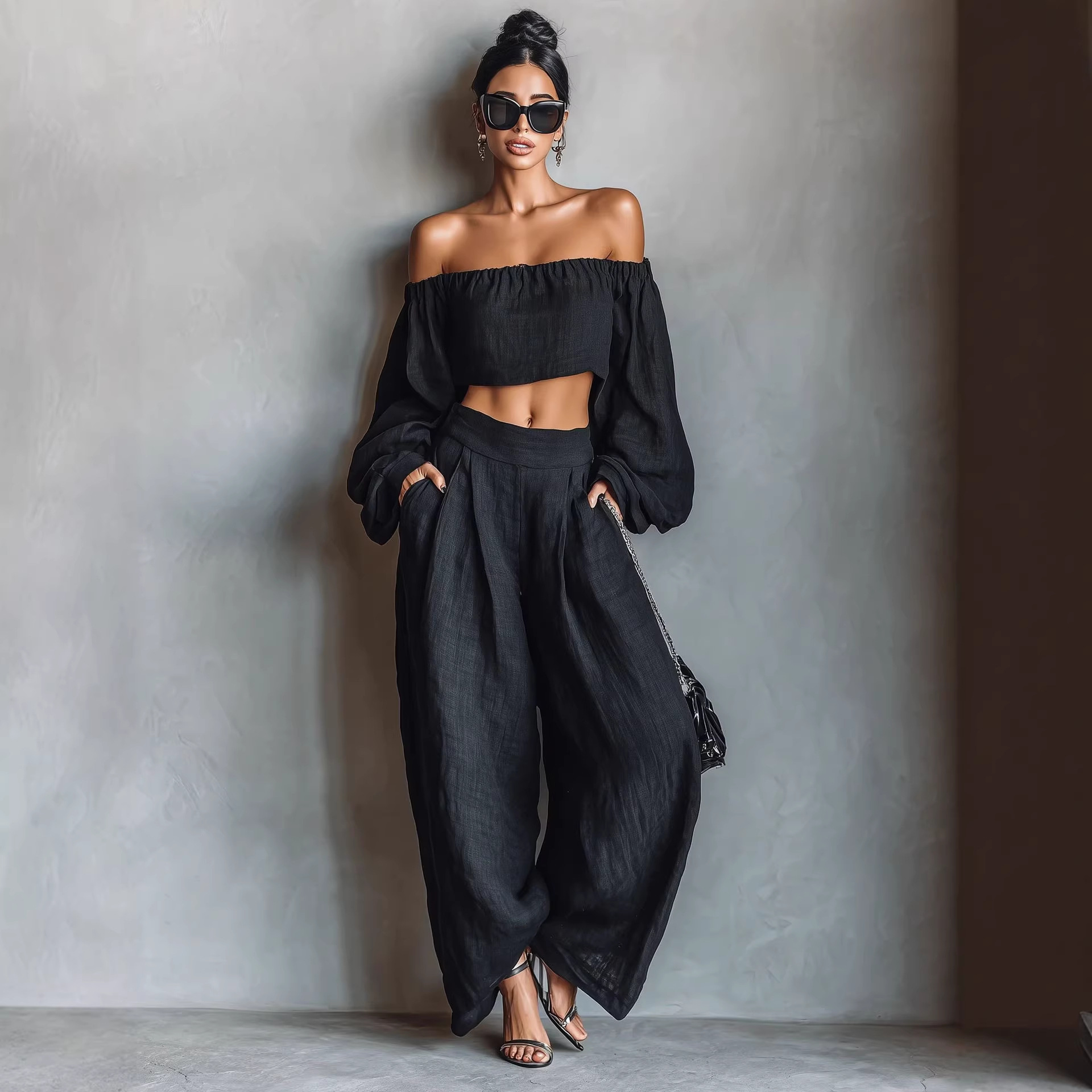 Women's Off-Shoulder Top & Wide-Leg Pants Set