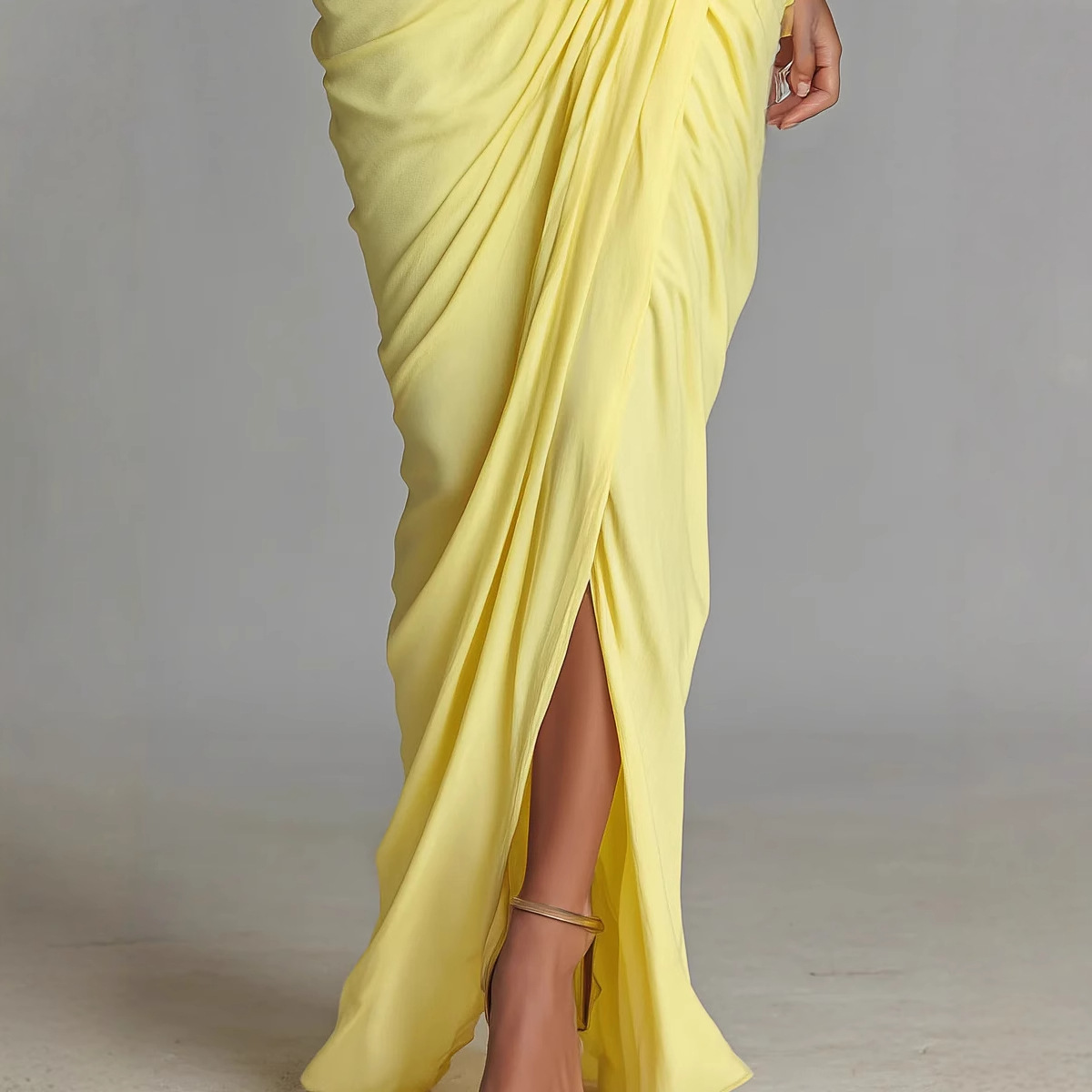 Yellow Ruched High Neck Long Dress