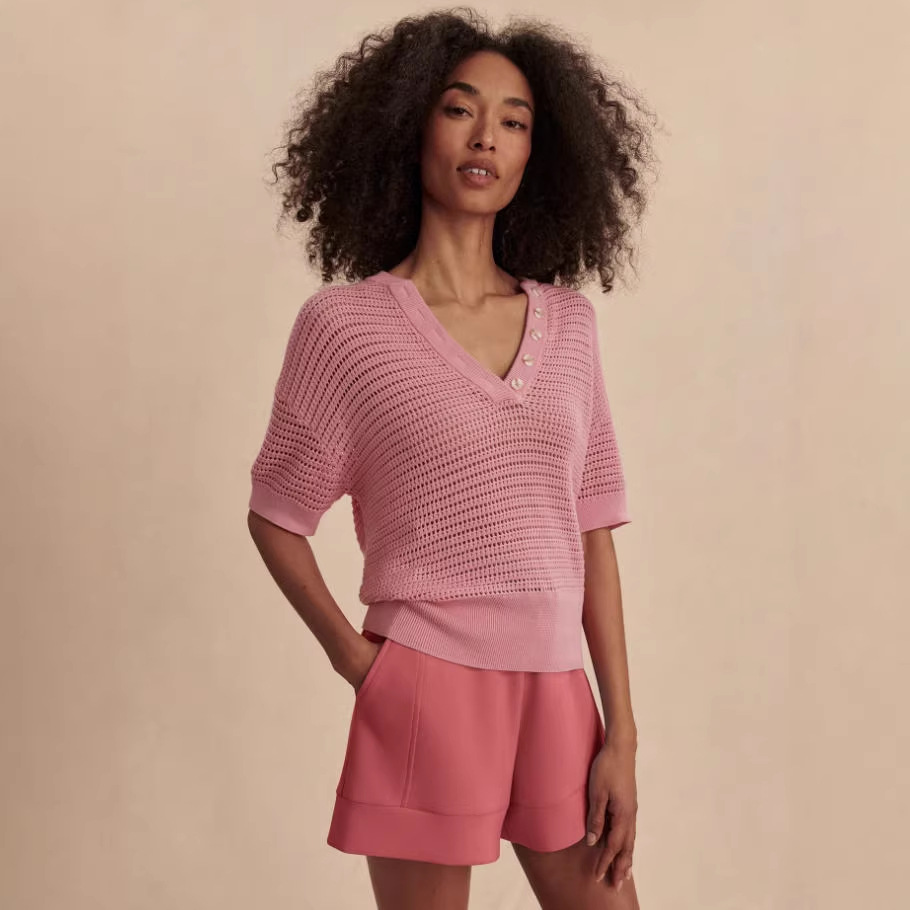 V-Neck Hollow-Out Knit Top Short Sleeve Casual Vacation Pullover