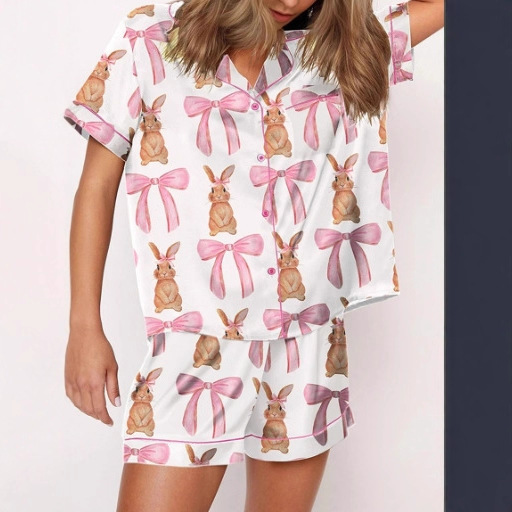 Women's Cuban Collar Rabbit Print Two-Piece Set with Ribbon