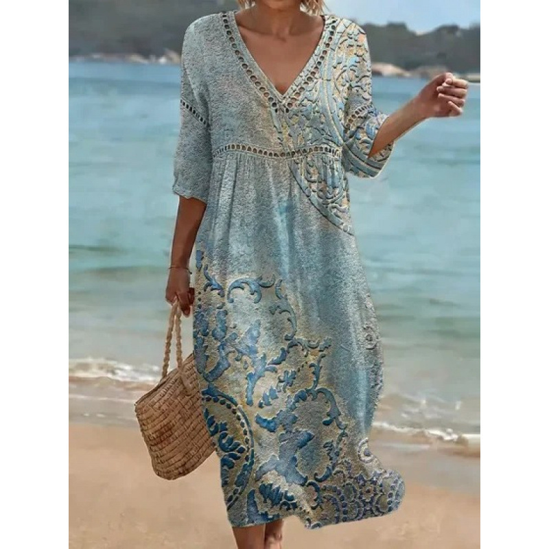 Women's Floral Print Pleated Midi Dress with Deep V-Neck and 3D Effect