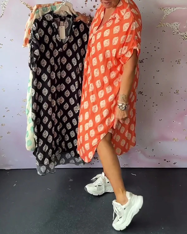 Women's Loose Fit Printed V-Neck Short Sleeve Midi Dress