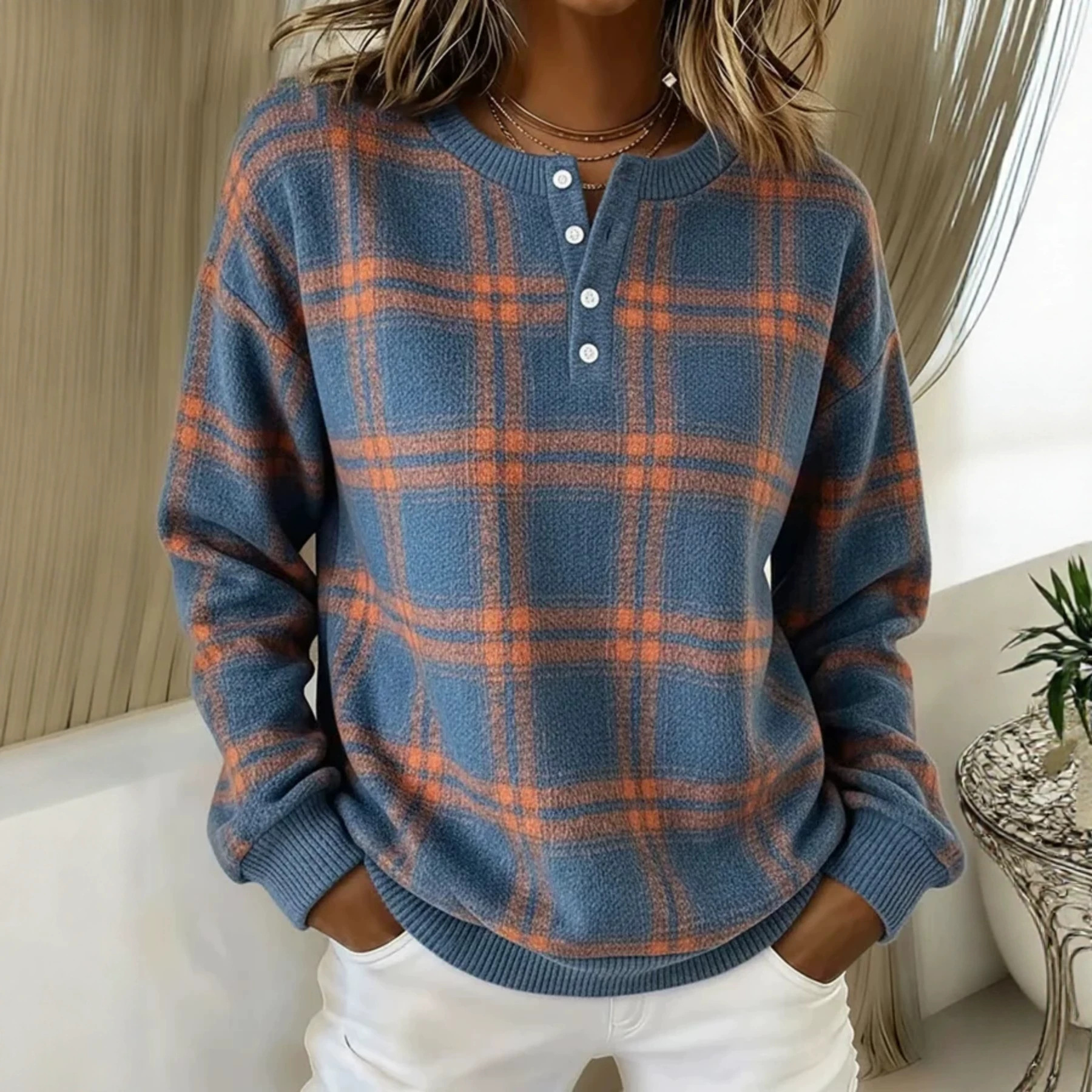 Women's Retro Plaid Line Print Button Sweatshirt