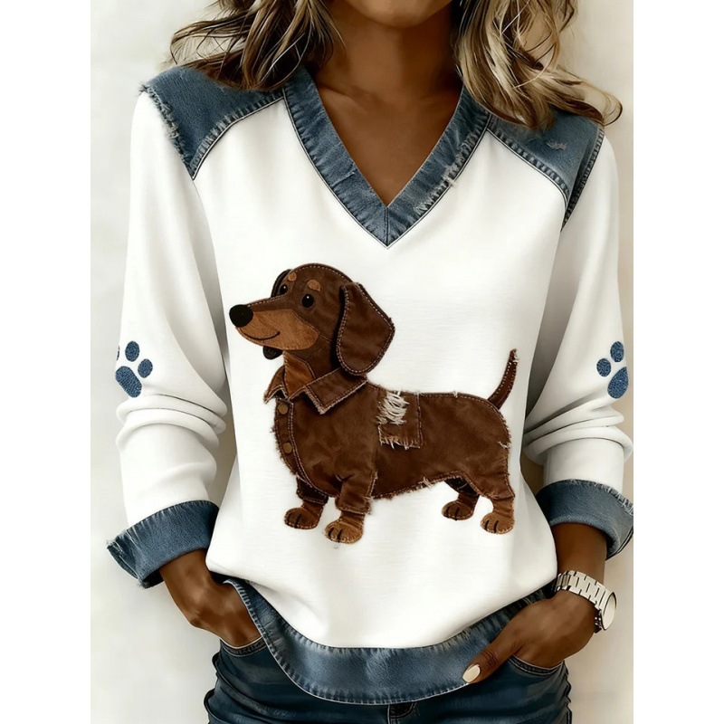 3D Print Colorblock Denim Collar Pullover Sweatshirt Women's Long Sleeve Loose Fit