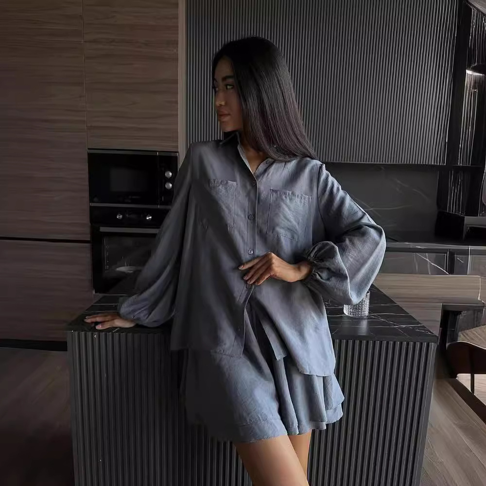 Women's Long Sleeve Ruffle Shorts Casual Set
