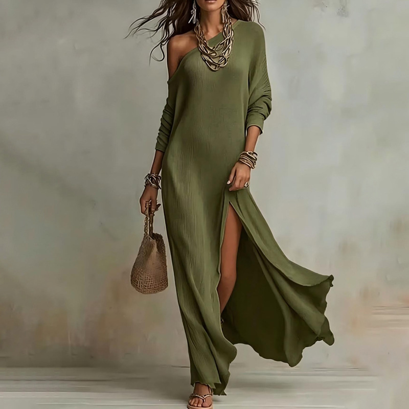 Women's Summer French Casual Slim Fit Solid One-Shoulder Slit Dress