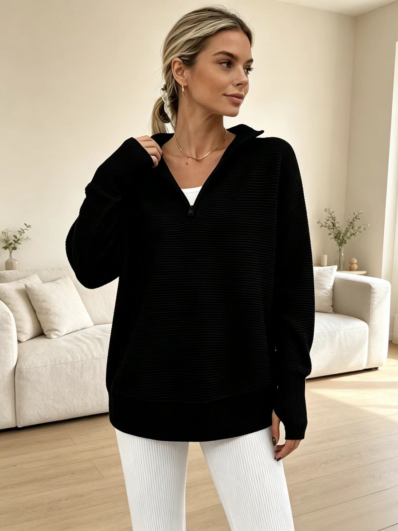 Women's Knit Half-Zip V-Neck Loose Midi Pullover Sweater with Dolman Sleeves