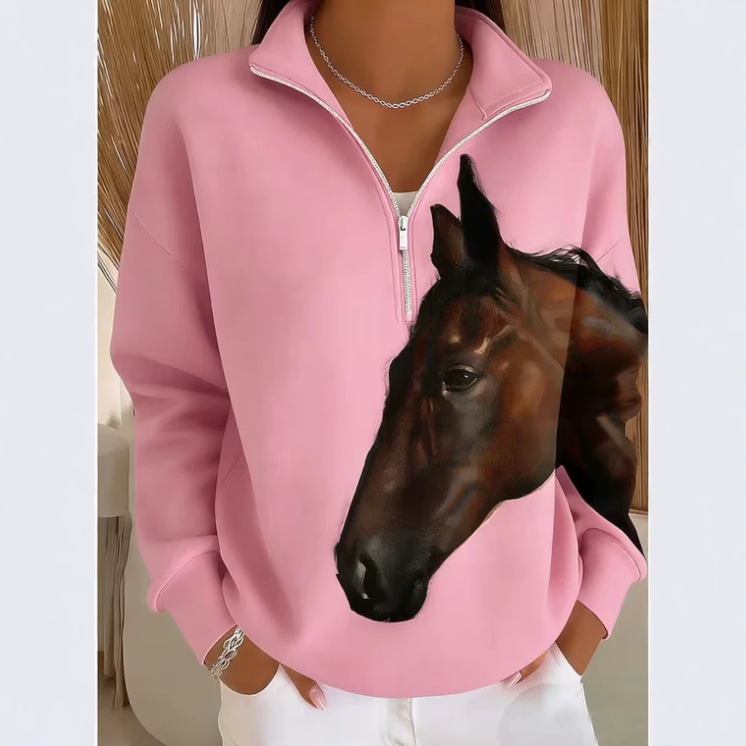 Horse Print Half-Zip Hoodie for Women