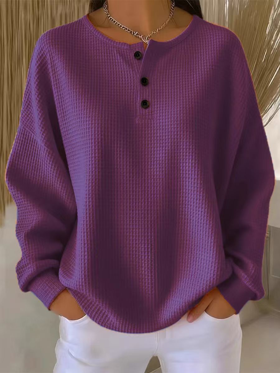 Waffle Knit Crewneck Pullover Loose Fit Solid Color Top