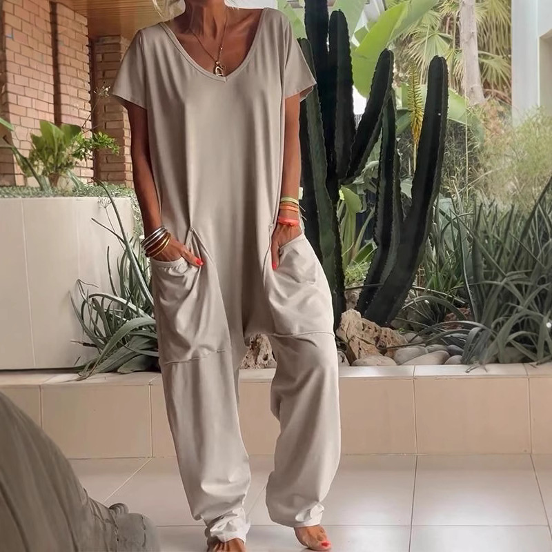 Women's Solid Color V-Neck Short Sleeve Jumpsuit with Pockets