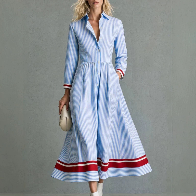 Retro Color-Block Blue Striped Long Sleeve Dress