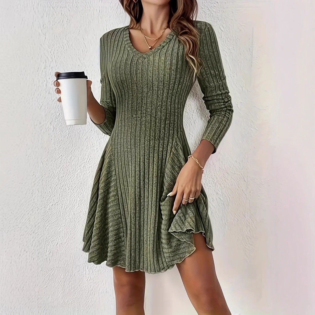 Elegant Knit V-Neck Long Sleeve A-Line Mini Dress