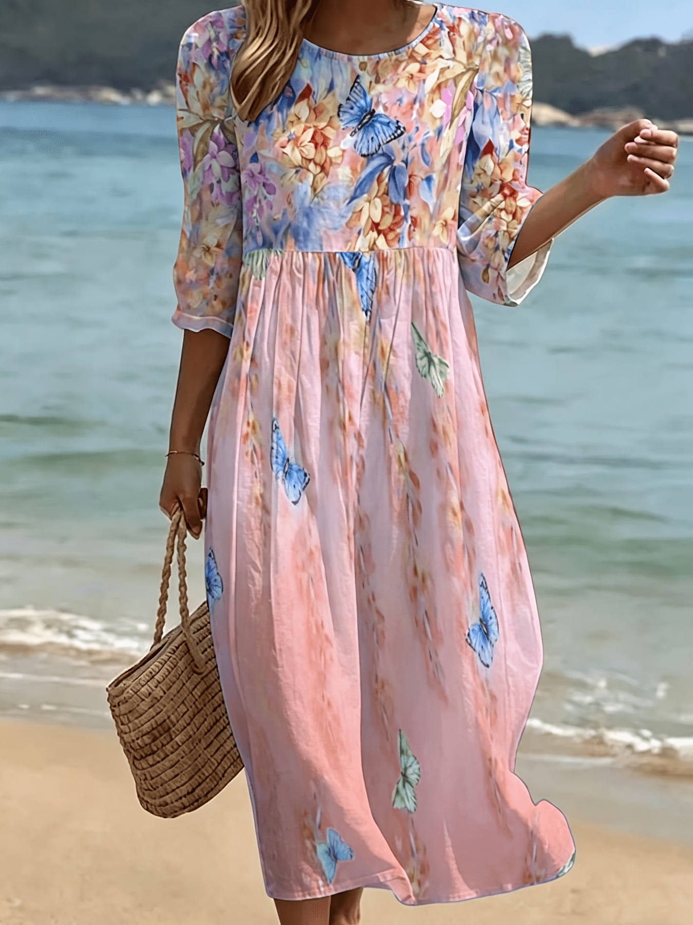 Women's Plaid Color-Block Floral Midi Dress with Pleated Details
