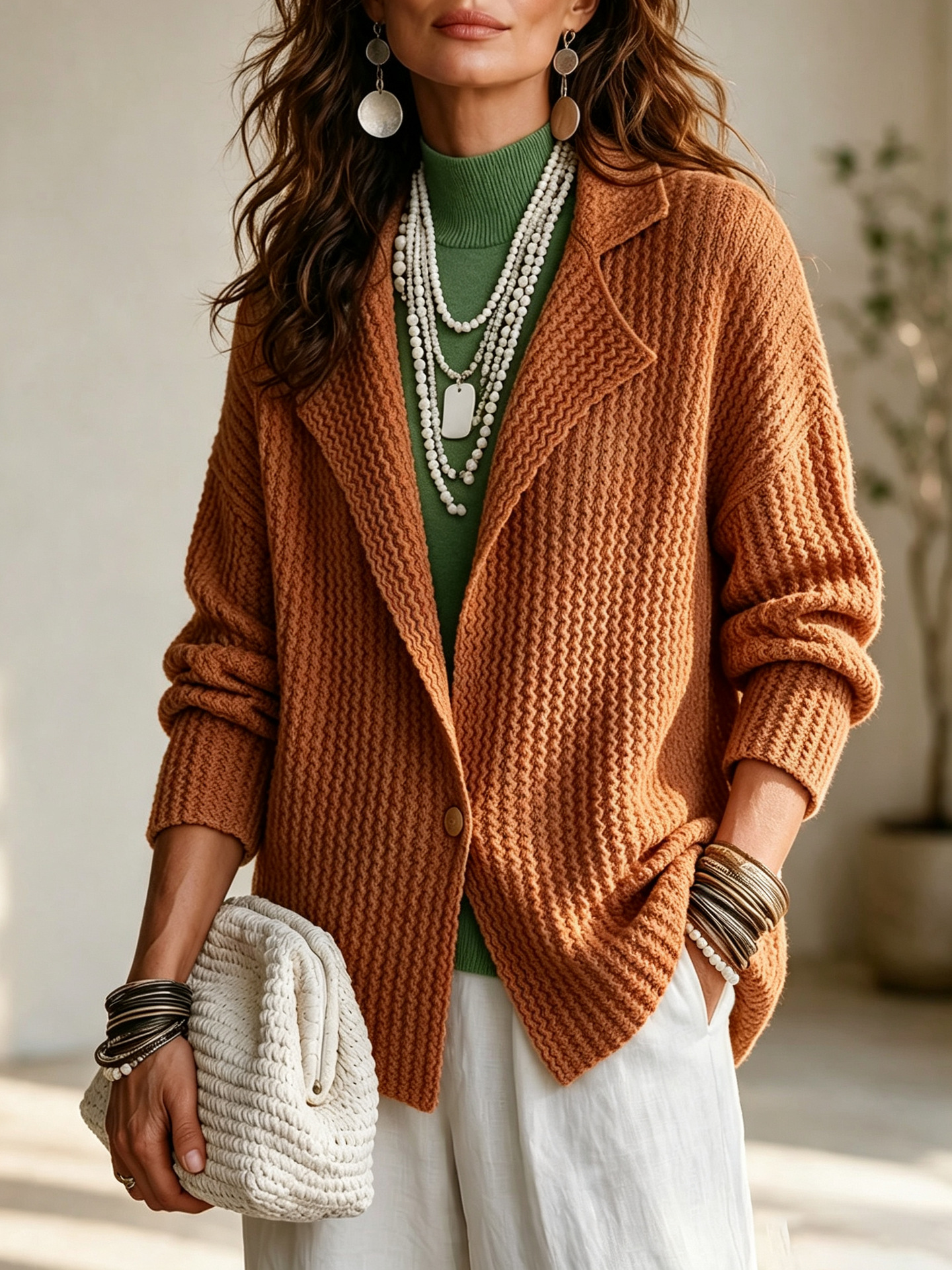 Women's Textured Knit Cardigan with Blazer Collar Single Button Loose Fit