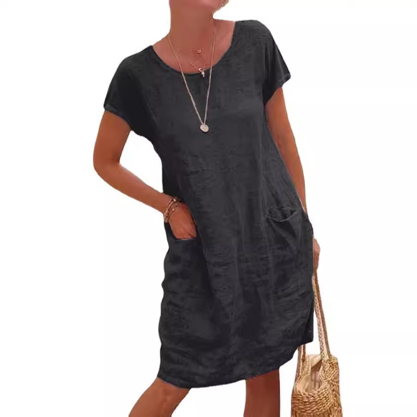 Women's Summer Loose Solid Color Cotton Linen Short Sleeve Round Neck Pocket Dress