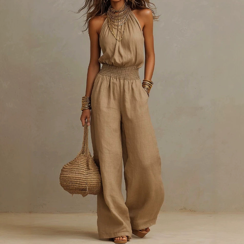 Sleeveless Linen-Blend Open-Back Wide-Leg Jumpsuit