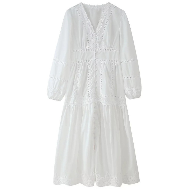 Two-Tone Embroidered Cutout Long Dress