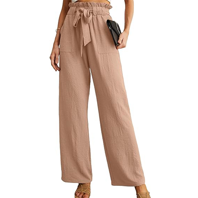 Women's High-Waist Wide-Leg Pants with Tie, Solid Color, Loose Fit